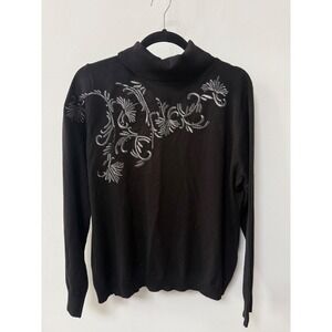 Soft‎ Surroundings Genevieve Embroidered Turtleneck Sweater Black Floral Size XL